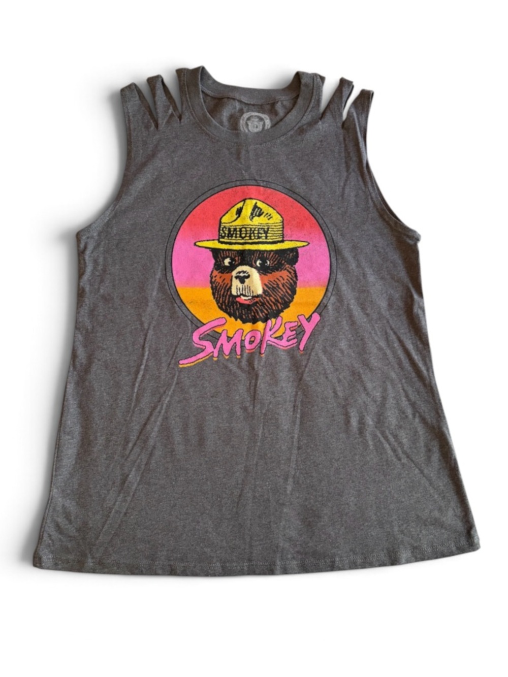 Smokey The Bear Graphic Sleeveless Shirt Top  Size Medium Women’s NWOT Gray Pink